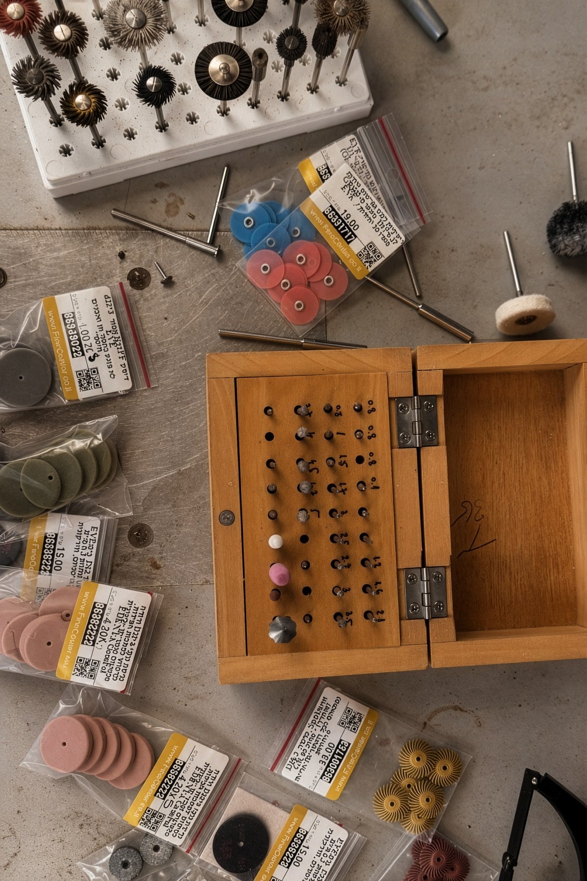 Jewelry designs and materials on a studio table