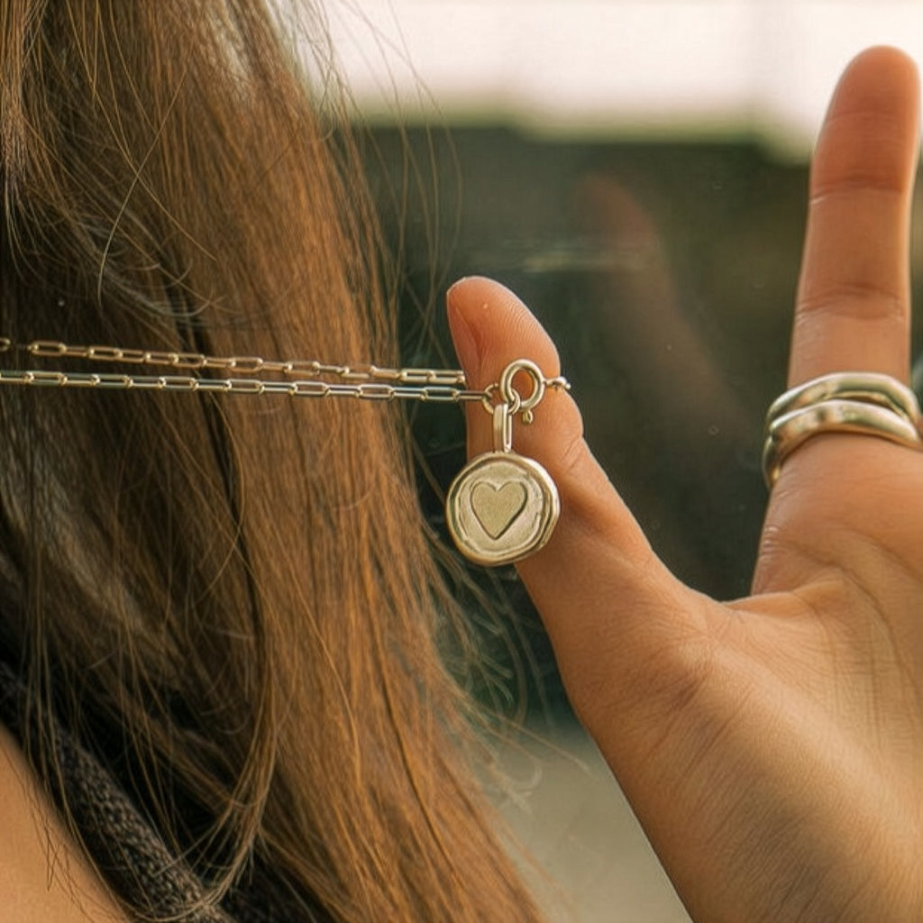 Coin necklace in sterling silver, heart version — handmade jewelry by BARSHA STUDIO